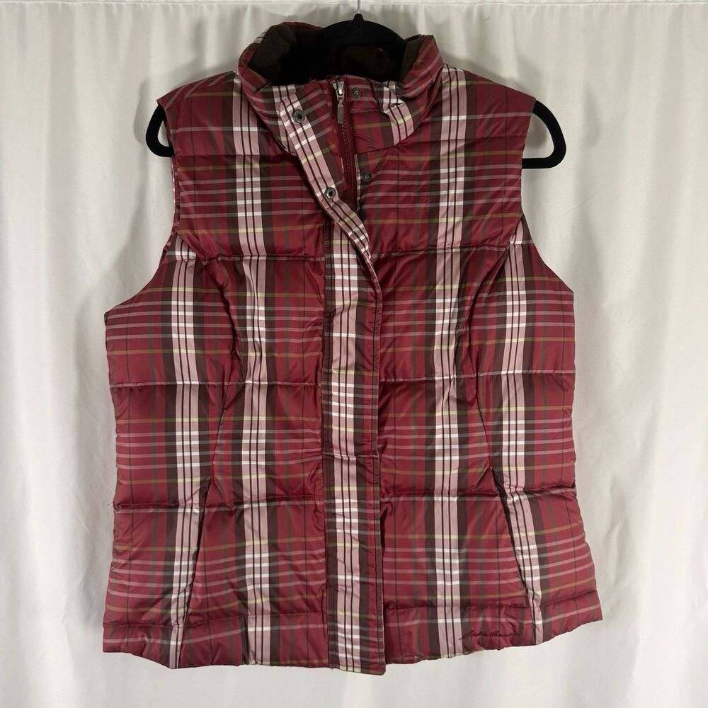 Eddie Bauer Goose Down Vest Women's Large Red Plaid Full Zip Pockets Puffer